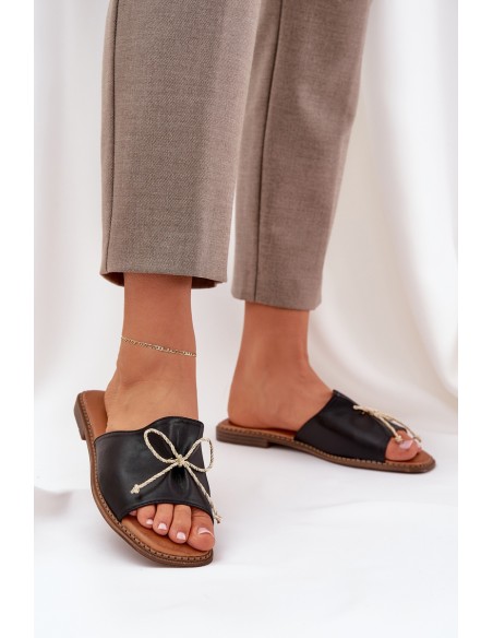 Flat Sole Sandals With Decorative Bow Black Deonelis