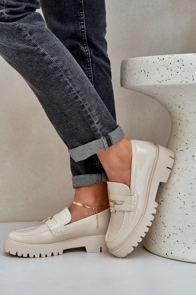 Lakuoti moteriški mokasinai su meškiuku Beige Wulinea