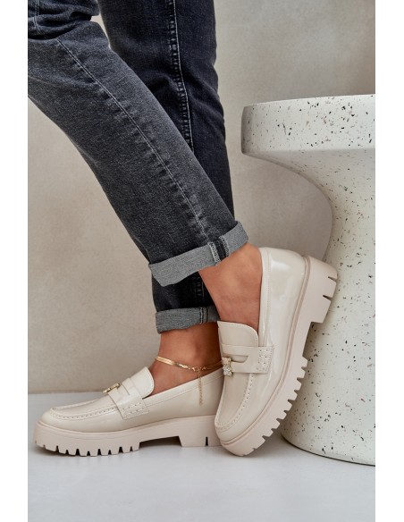 Lacquered Women's Moccasins With Teddy Bear Beige Wulinea