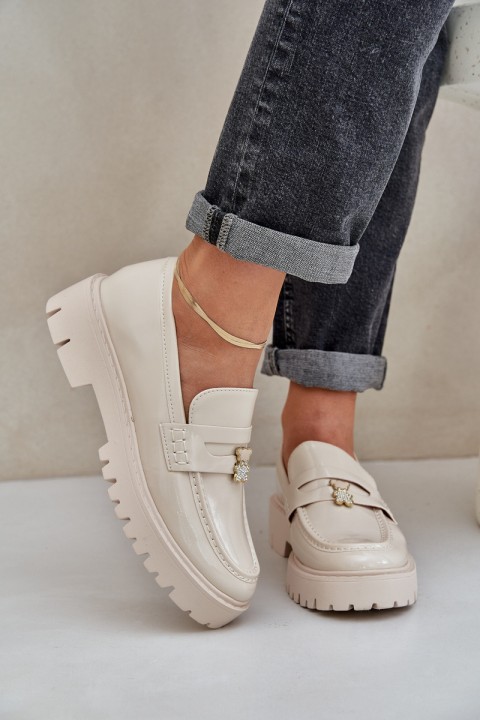 Lacquered Women's Moccasins With Teddy Bear Beige Wulinea