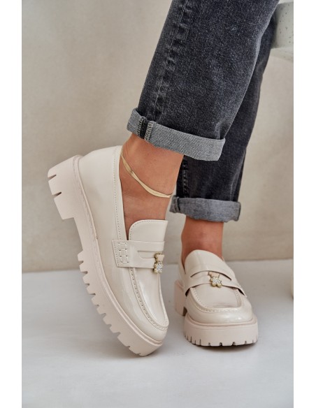 Lacquered Women's Moccasins With Teddy Bear Beige Wulinea