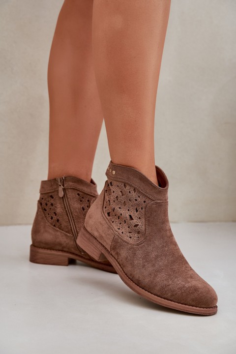 Ladies Perforated Ankle Boots On Flat Heel S.Barski HY51-113 Brown