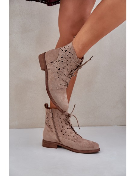 Lace-Up Ankle Boots With A Perforated Pattern S.Barski HY51-136 Beige