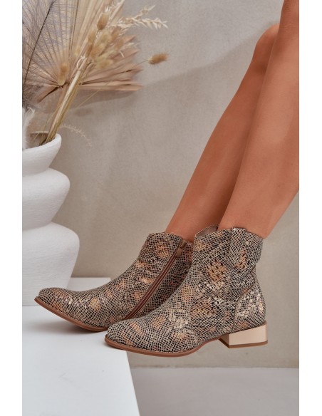 Lace Up Women's Ankle Boots On Low Heel Decorated With Animal Pattern Gold Neliawen