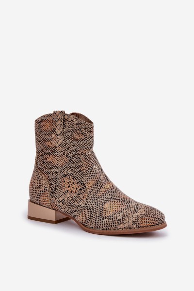 Lace Up Women's Ankle Boots On Low Heel Decorated With Animal Pattern Gold Neliawen 2