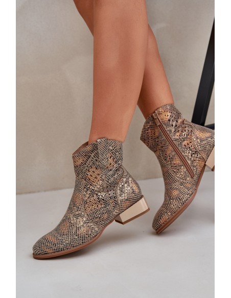 Lace Up Women's Ankle Boots On Low Heel Decorated With Animal Pattern Gold Neliawen