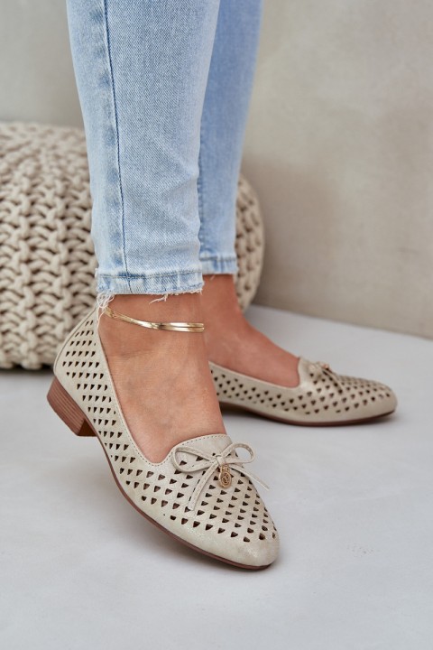 Perforated Ballet Flats With Bow Eco Leather Golden Relabra