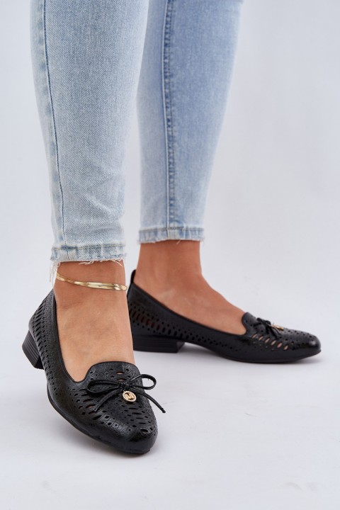 Lacquered Perforated Ballet Flats With Bow Eco Leather Black Amepitrea