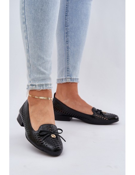 Lacquered Perforated Ballet Flats With Bow Eco Leather Black Amepitrea
