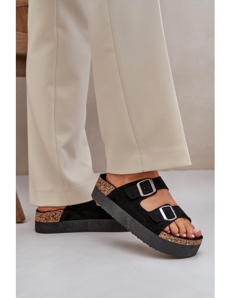 Women's sandals on a massive platform with buckles black Aramia