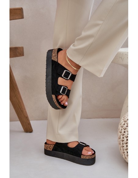 Women's sandals on a massive platform with buckles black Aramia