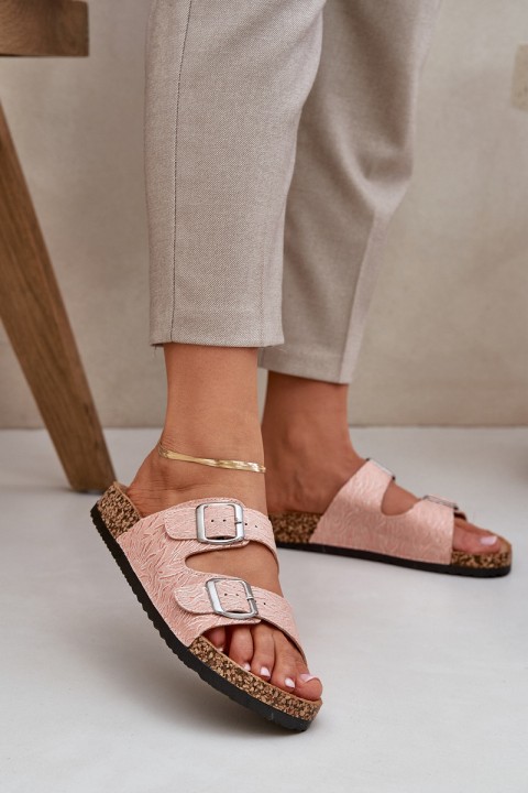 Fabric Slippers On Cork Sole With Buckles Pink Atera