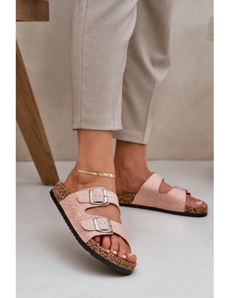 Fabric Slippers On Cork Sole With Buckles Pink Atera