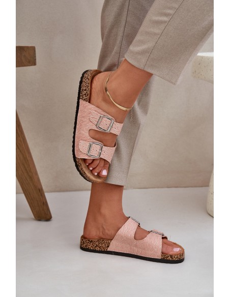Fabric Slippers On Cork Sole With Buckles Pink Atera