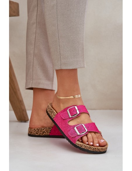Fabric sandals on cork sole with buckles fuchsia Atera