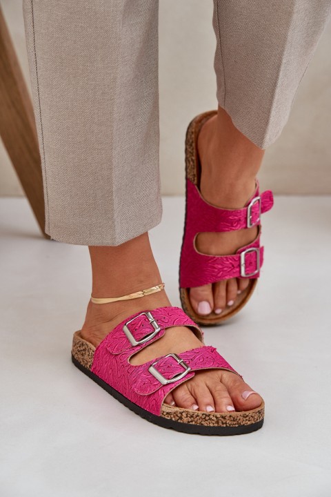 Fabric sandals on cork sole with buckles fuchsia Atera