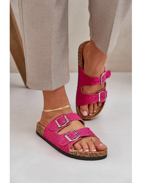 Fabric sandals on cork sole with buckles fuchsia Atera