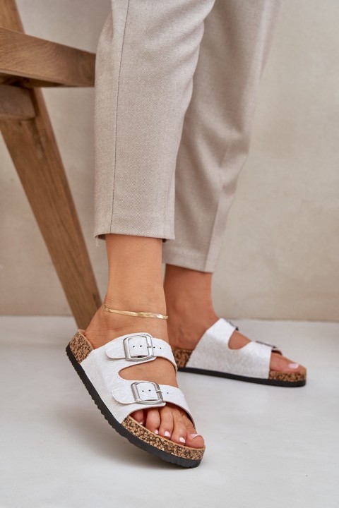 Fabric sandals on cork sole with buckles light gray Atera