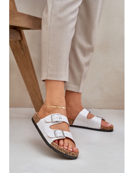 Fabric sandals on cork sole with buckles light gray Atera