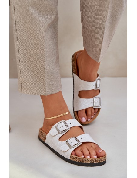 Fabric sandals on cork sole with buckles light gray Atera