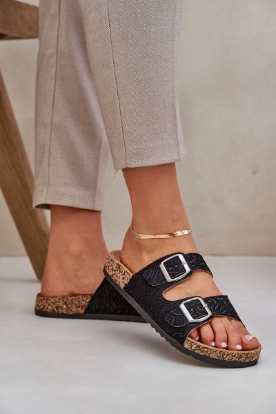 Fabric Slippers On Cork Sole With Buckles Black Atera