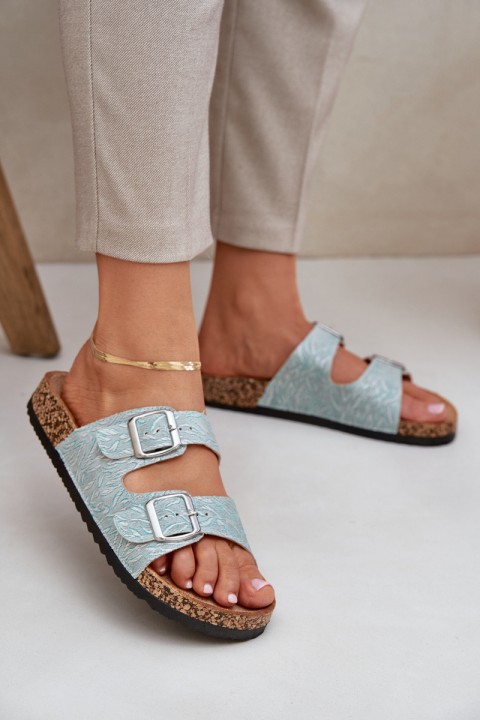 Fabric slippers on cork sole with buckles mint Atera