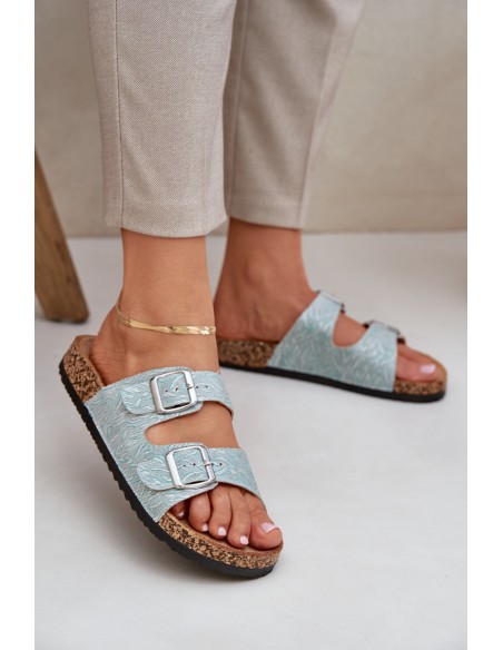 Fabric slippers on cork sole with buckles mint Atera