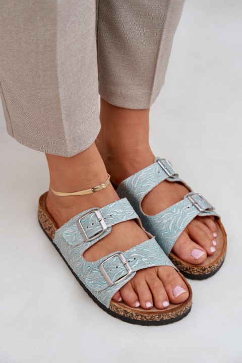 Fabric slippers on cork sole with buckles mint Atera