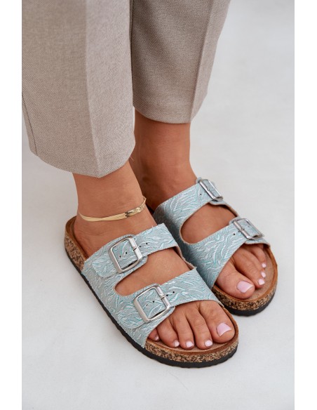 Fabric slippers on cork sole with buckles mint Atera