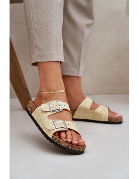 Fabric Slippers On Cork Sole With Buckles Yellow Atera
