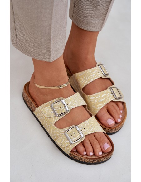 Fabric Slippers On Cork Sole With Buckles Yellow Atera