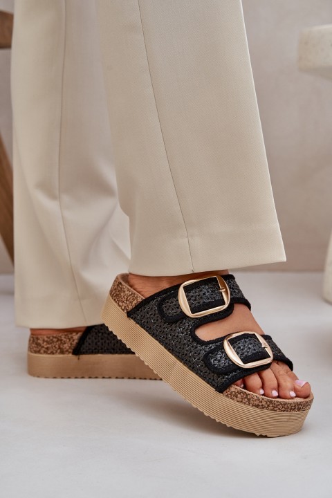 Slides With Braiding And Buckles On A Massive Platform Black Aralissea