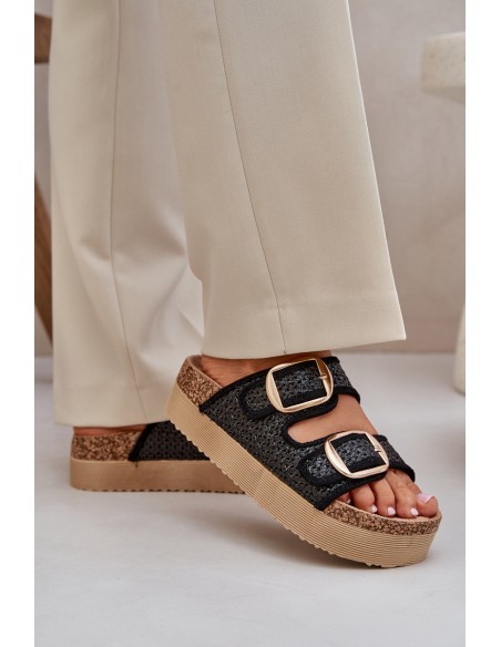 Slides With Braiding And Buckles On A Massive Platform Black Aralissea