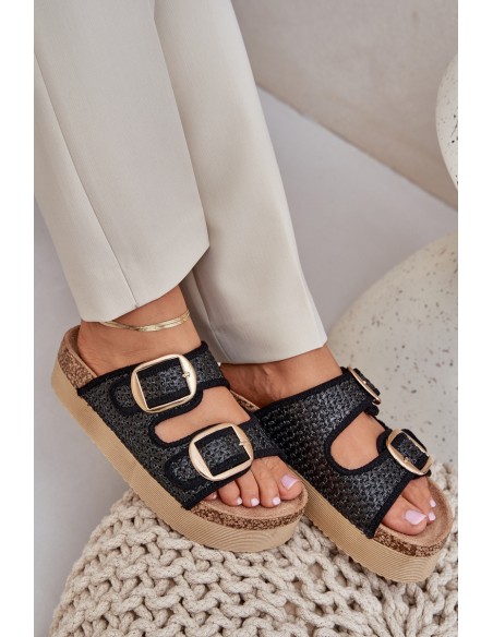 Slides With Braiding And Buckles On A Massive Platform Black Aralissea
