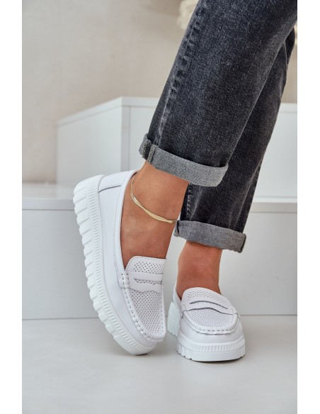 Women's Leather Moccasins On Platform And Wedge White Elanindel