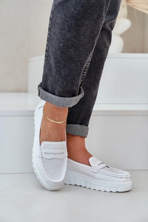 Women's Leather Moccasins On Platform And Wedge White Elanindel