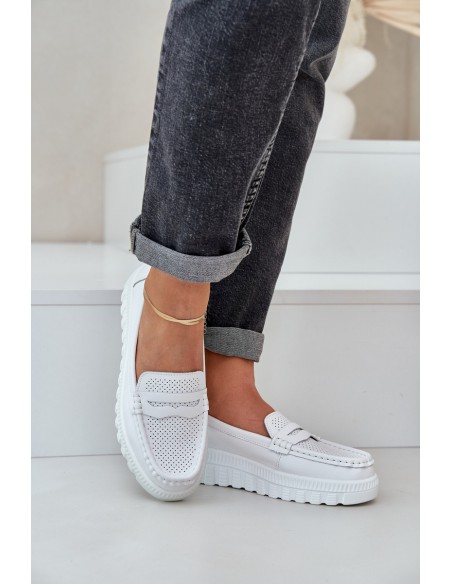 Women's Leather Moccasins On Platform And Wedge White Elanindel