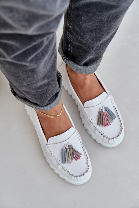 Leather Women's Moccasins With Fringes On Platform And Wedge White Eleazetta