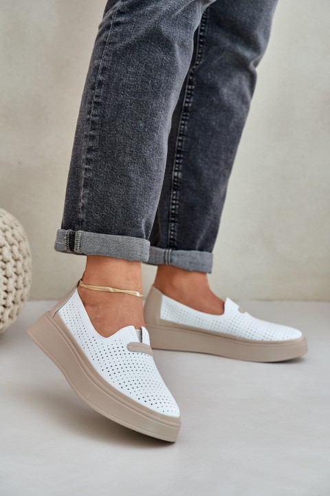 Lightweight Perforated Leather Moccasins Loafers Women On Platform And Wedge White Hanthiel