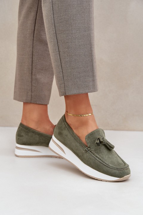 Moccasins On Delicate Wedge Eco Suede Green Challavia