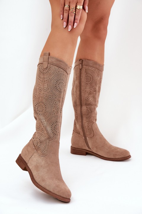 Boots With Perforated Shaft On Flat Heel S.Barski HY51-860 Beige