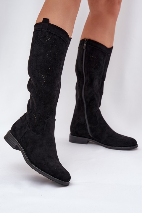 Knee Boots With Perforated Shaft On Flat Heel S.Barski HY51-860 Black