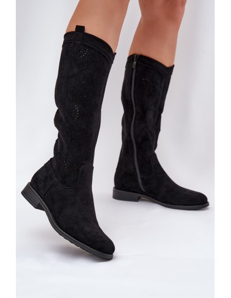 Knee Boots With Perforated Shaft On Flat Heel S.Barski HY51-860 Black