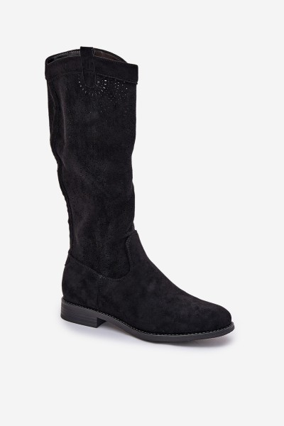 Knee Boots With Perforated Shaft On Flat Heel S.Barski HY51-860 Black 2