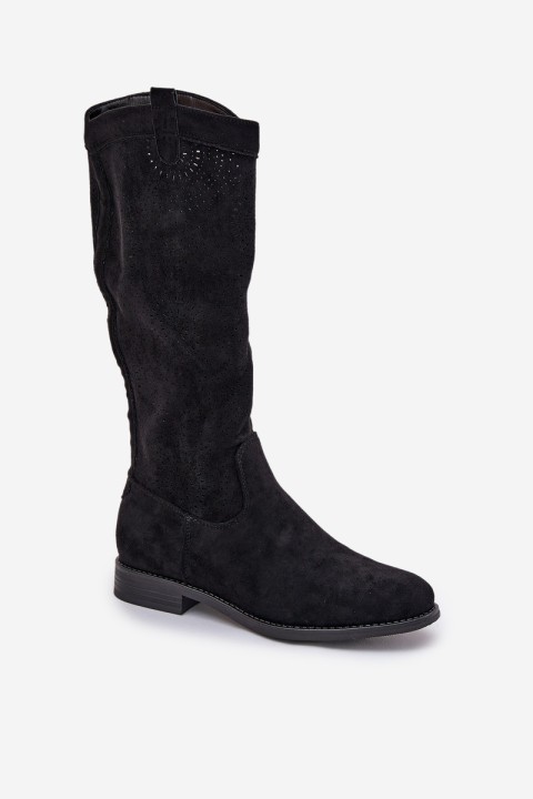 Knee Boots With Perforated Shaft On Flat Heel S.Barski HY51-860 Black