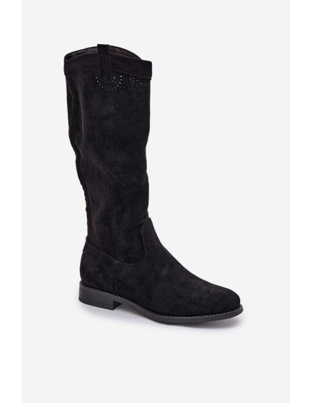 Knee Boots With Perforated Shaft On Flat Heel S.Barski HY51-860 Black