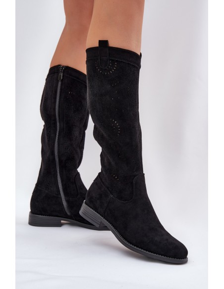 Knee Boots With Perforated Shaft On Flat Heel S.Barski HY51-860 Black