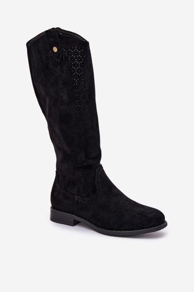 Flat Heeled Boots With Perforated Pattern Black S.Barski HY51-062 2