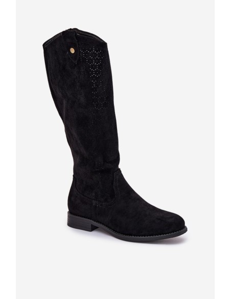 Flat Heeled Boots With Perforated Pattern Black S.Barski HY51-062