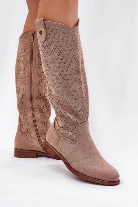 Flat Heeled Boots With Perforated Pattern Beige S.Barski HY51-062